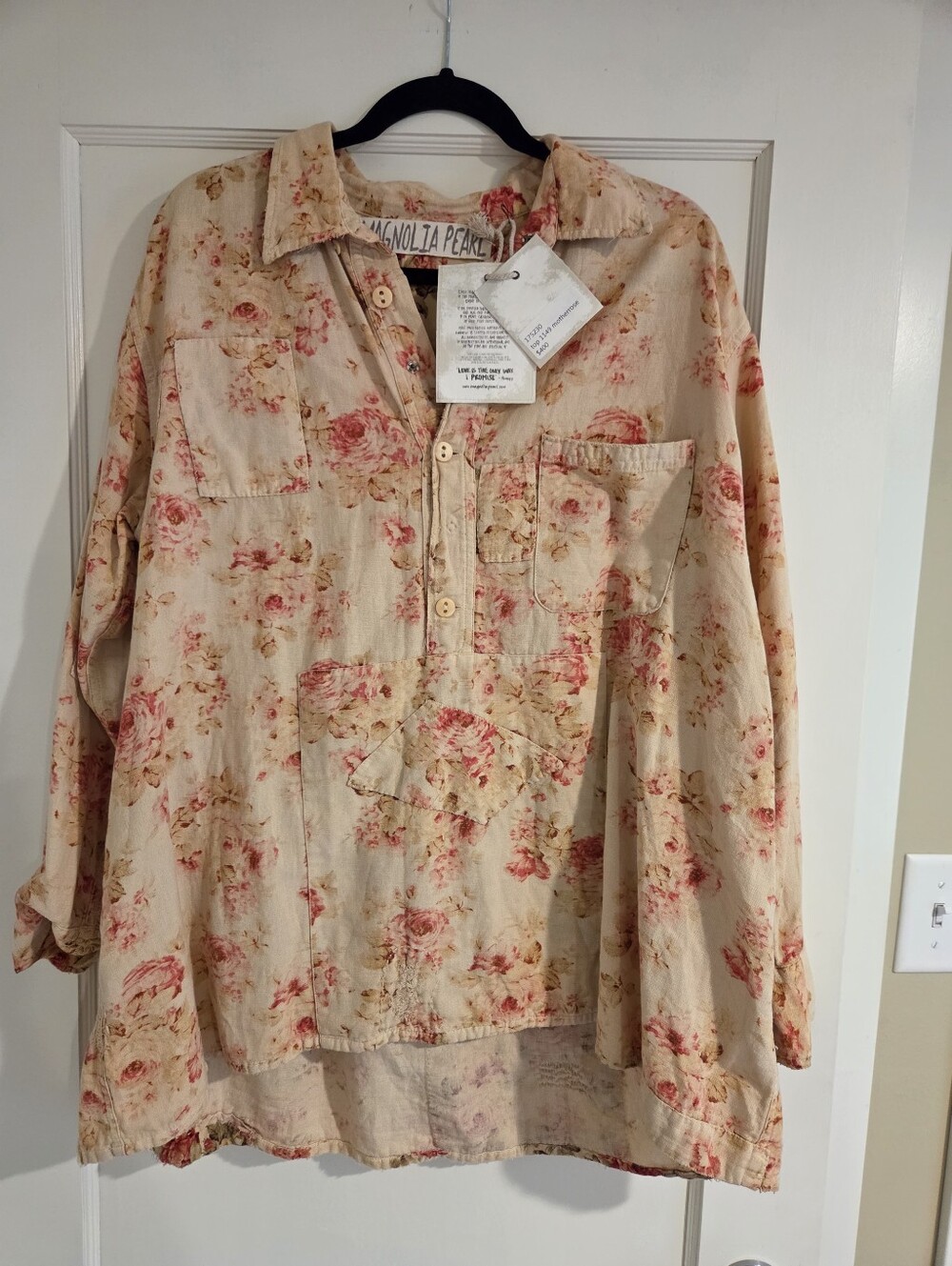 Magnolia Pearl Cream Floral Button-Down Tunic with Pink Rose Print